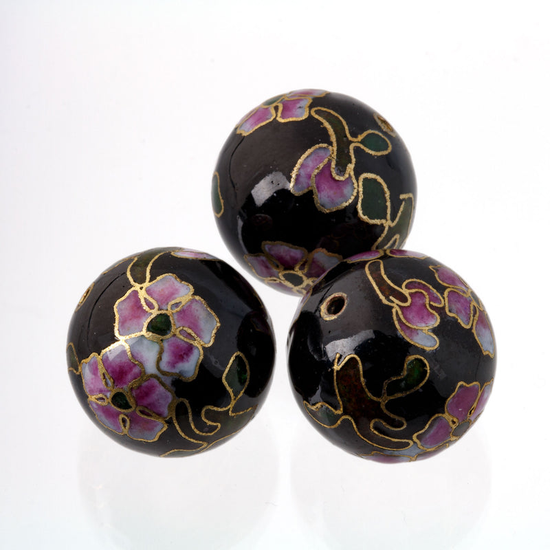 Vintage 20mm black cloisonne enamel beads. Pink flowers. Pkg1.