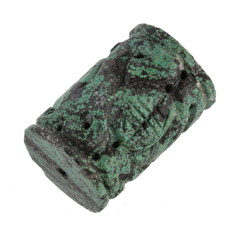 Old Chinese large carved natural untreated  turquoise barrel bead with Shou symbol.  31x21mm.