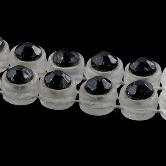 Fab old Czech 2 hole frosted glass domes with jet stone, 6mm strand of 24. b11-bw-0969(e)