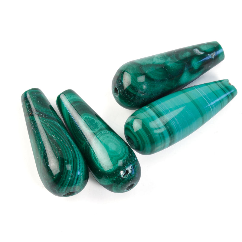 Malachite hand cut teardrop beads. 15x5mm. Vintage stock 1980s. 2 matched pairs. 1980s