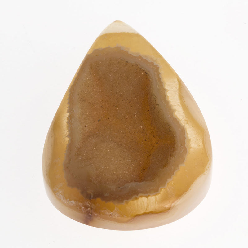 Carved banded agate and drusy quartz teardrop shaped cabochon, 38x27x8mm. 