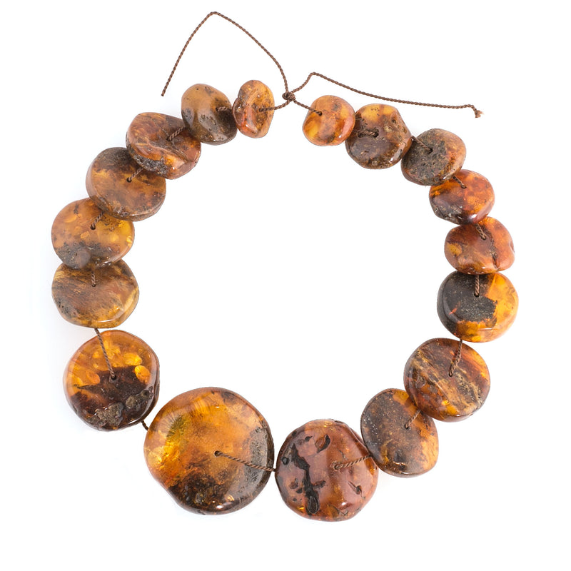 Natural Baltic amber carved disk beads, graduated strand of 16pc 