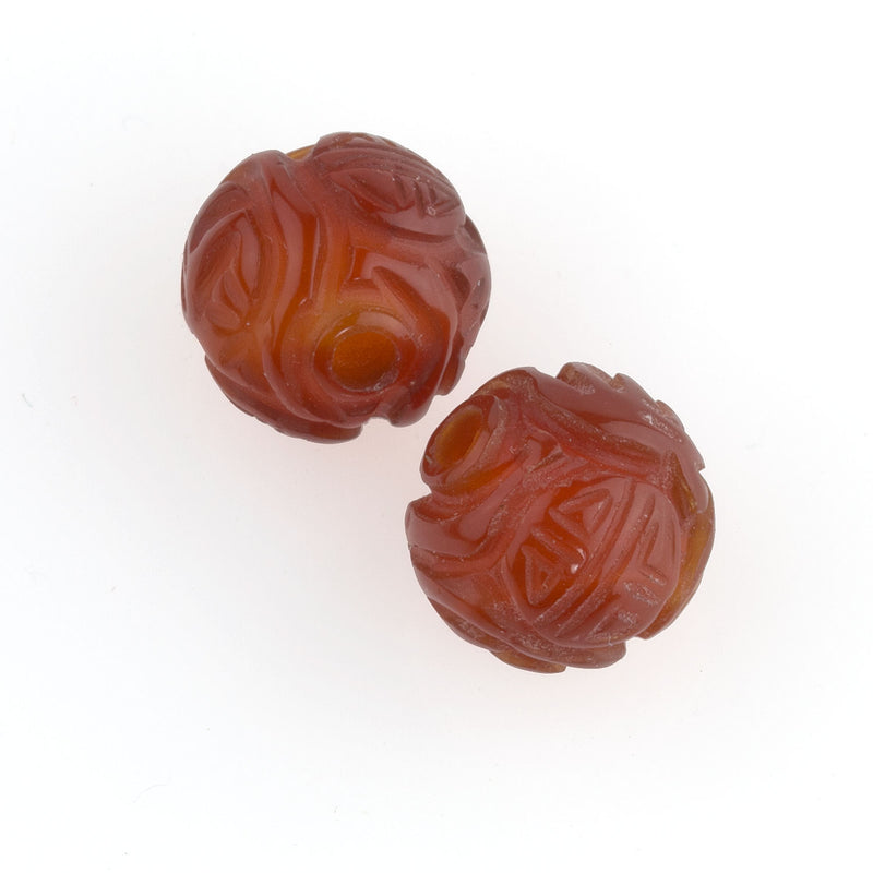 Deep carved translucent carnelian beads with longevity symbol. 10mm. 2pc. 