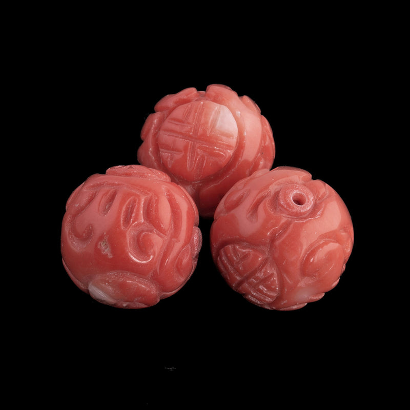 Natural dyed coral 15mm round carved Shou bead   1 piece.