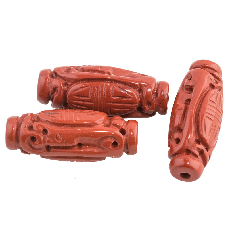 Vintage carved pierced elongated oval Chinese natural red Jasper Shou bead. 25x10mm. Pkg 1.