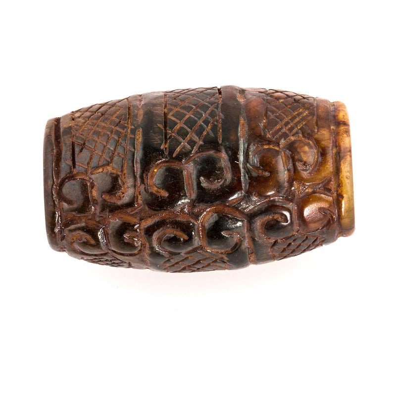 Vintage elaborately carved and etched brown and golden marbled alabaster large barrel bead. 42x24mm. Collector's estate. 1970s. 