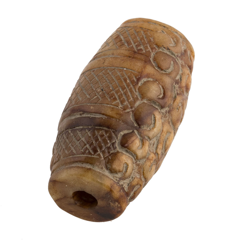 Vintage elaborately carved and etched brown and golden marbled alabaster large barrel bead. 40x21mm. Collector's estate. 1970s. 