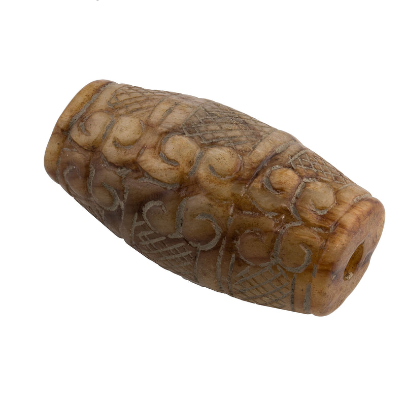 Vintage elaborately carved and etched brown and golden marbled alabaster large barrel bead. 40x21mm. Collector's estate. 1970s. 