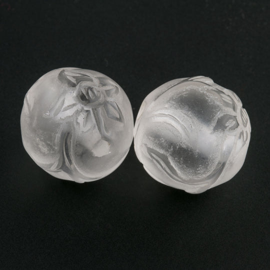Carved Quartz Crystal Rounds with Floral Design in relief. 16mm. Pkg of 1. b4-qua322