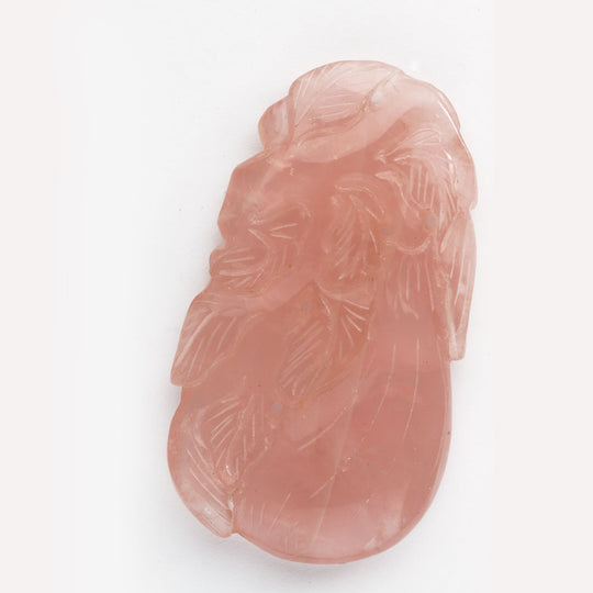A rose quartz carved pendant of vine of gourds with flowers.  2 3/4 x 1/2 inches. Sold individually. b4-ros334