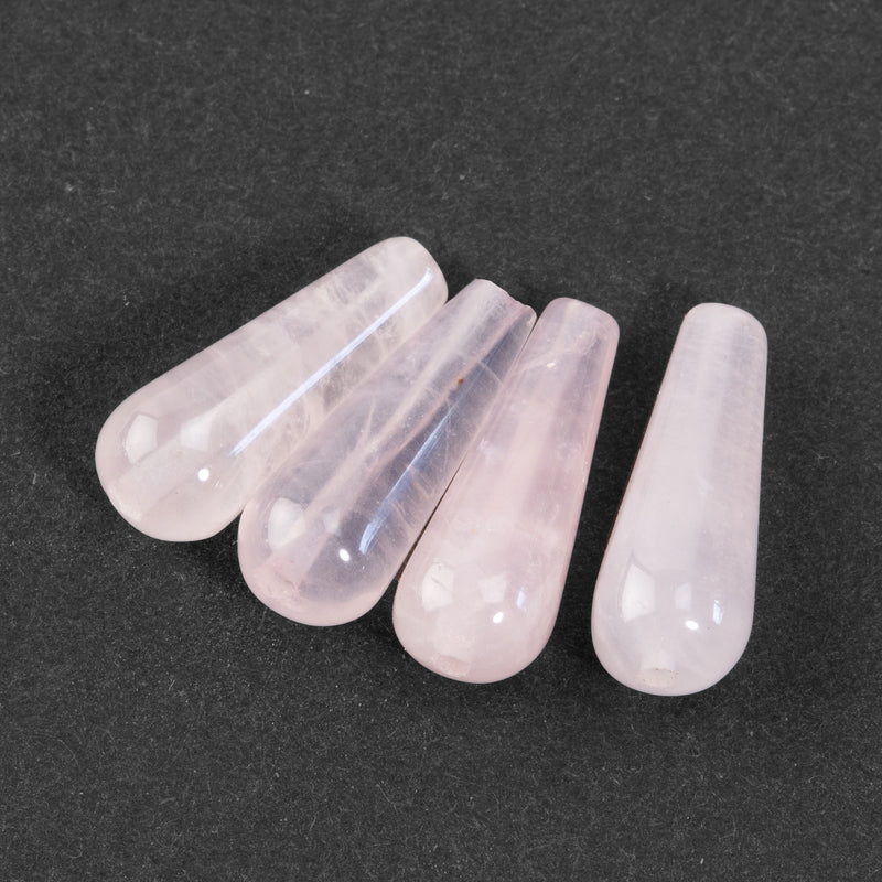 Natural Rose Quartz hand cut teardrop beads. 16x6mm. Vintage stock 1980s. 2 matched pairs. 1980s