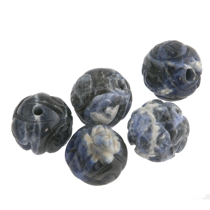Carved Sodalite flower beads with a longevity symbol. 10mm. Pkg. 2. 