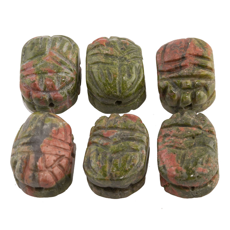 Carved Unakite scarab beads, 18x13mm. package of 2.