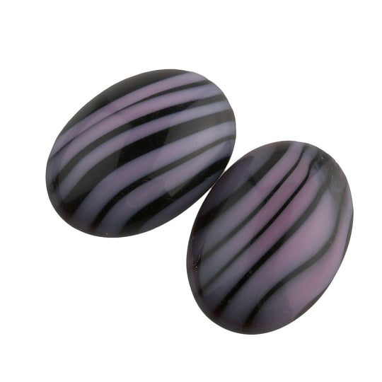 Striped Black & Pink Cabochon, satin glass, oval. 18x13mm. Japan. Pkg 1. B5-0019-1