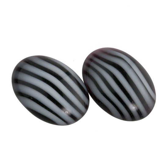 Striped Black & White Cabochon, satin glass, oval. 18x13mm. Japan. Pkg of 1. B5-0019-3