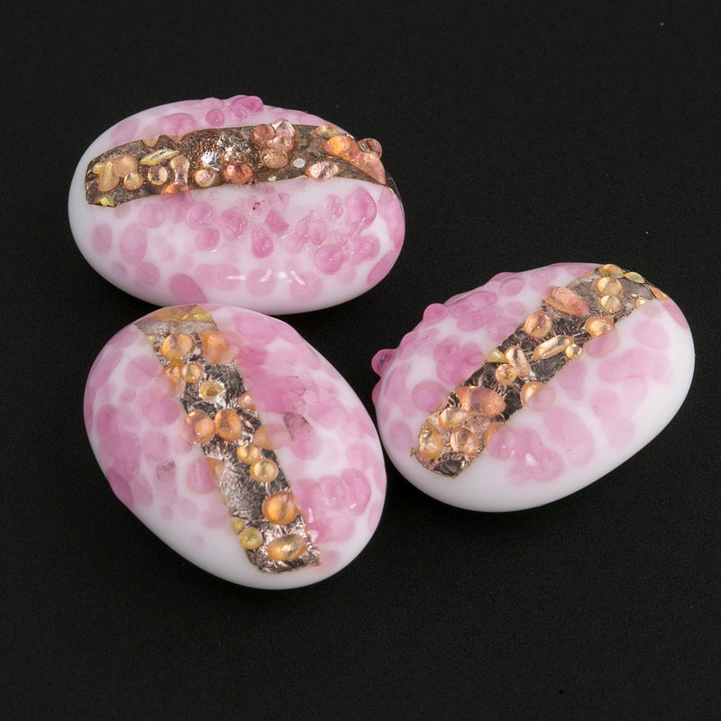 Japanese Vintage milk glass flat back stone with sugar dots and gold foil stripe. 19x14mm. Pkg 1.