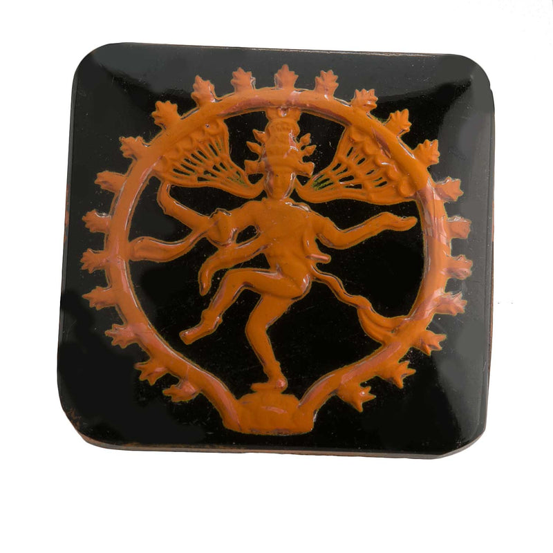 Hindu god Shiva intaglio stone - Orange foil on black under clear glass. flat back. West Germany 1950s. 25mm. sq. Sold individually.