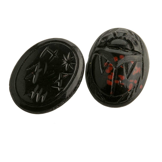 Black Egyptian Scarab Cabochon, heiroglyphs, red spots. 16x12mm Pkg 1. b5-0138g