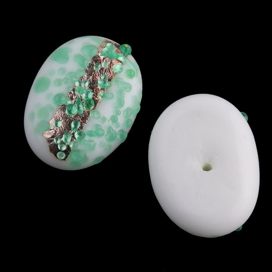 Japanese Vintage milk glass flat back stone with sugar dots and gold foil stripe. 19x14mm. Pkg 1. b5-0160-4(e)