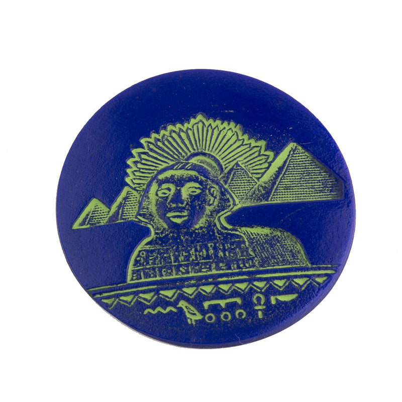 Egyptian revival glass round cabochon with Sphinx.  34mm.