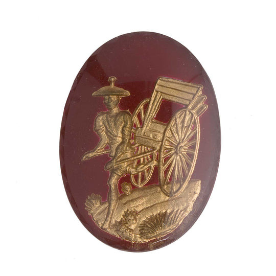 Chinese Rickshaw Intaglio Cabochon,gold on red,  oval, glass. Pkg of 1. b5-347