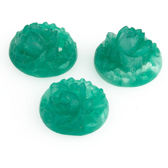 Green Rose Glass Cabochon, round disk, molded. Japan. 13mm. Pkg 2. b5-349