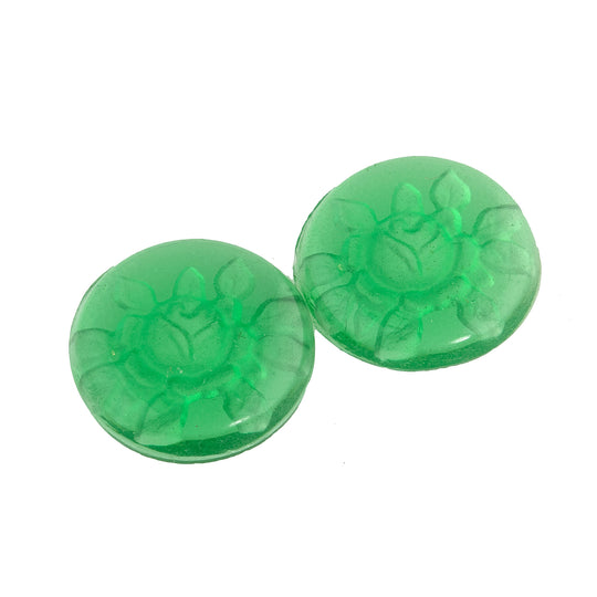 Rose Flower Intaglio Glass Cabochon, transparent green disk. 16mm. Pkg 1. b5-404