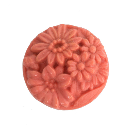 Floral Round Disk Cabochon, salmon colored glass. Japan. 20mm. Pkg 1. b5-412