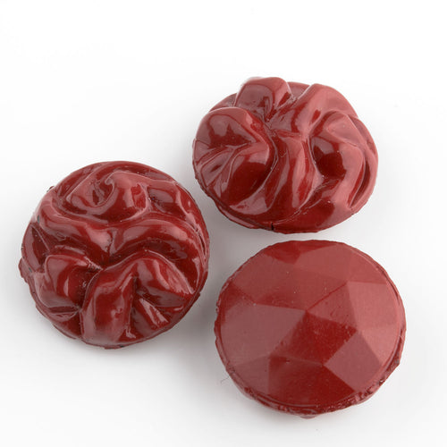 Molded dark red pressed glass ruffled stone. Japan. Rounded back. 15mm. Japan. Package of 2