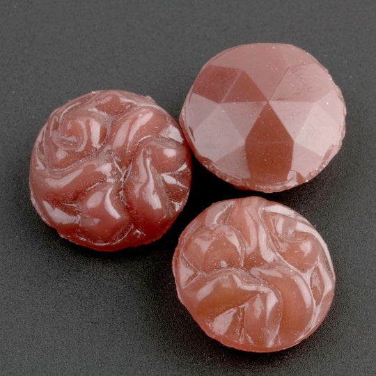 Ruffled or Faceted Round Cabochon, carnelian colored glass. 15mm. Japan. Pkg 2. b5-424