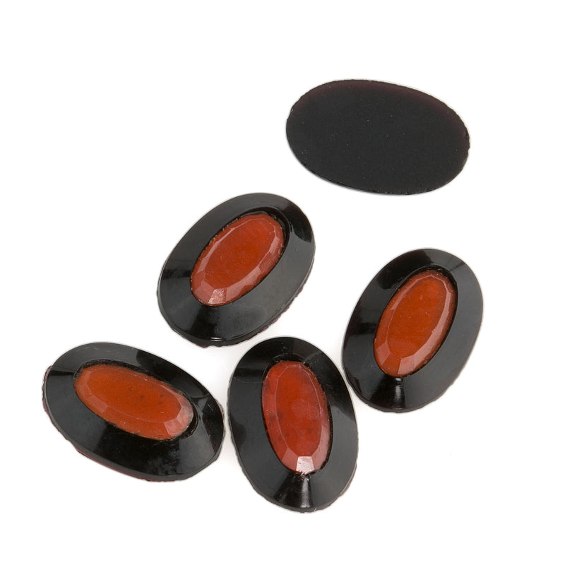 Art Deco 1920's Bohemian two layer jet and carnelian glass cabs. Czecho-Slovakia 7x11mm. Pkg of 4.