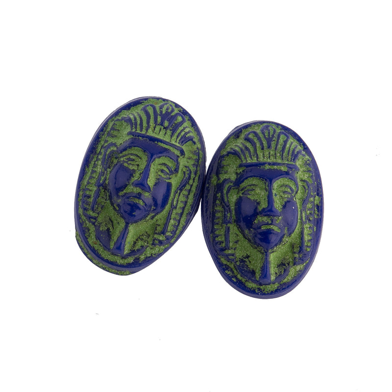 Blue Egyptian revival molded glass oval. 16x11mm. Pkg of 1. 