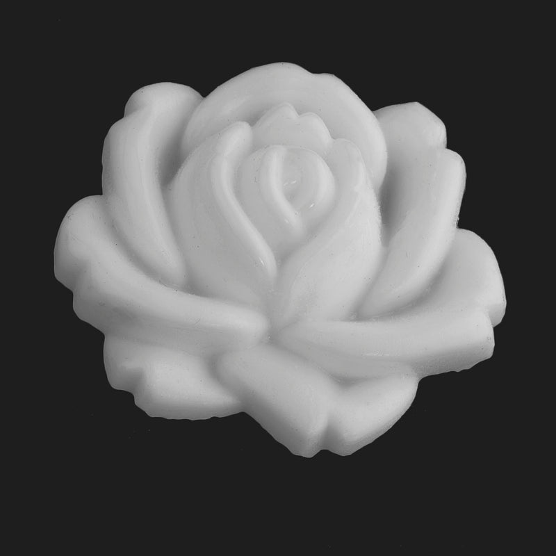 Vintage Japanese Cherry Brand opaque white glass rose flat back.stone, 28mm. Sold individually.