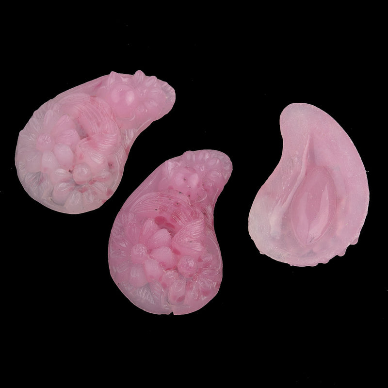 Vintage paisley shaped molded rose quartz floral glass stones, Occupied Japan 12x19mm. Pkg 2. 