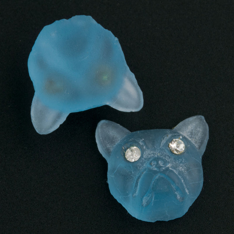 Vintage translucent aqua frosted glass Bull Dog head cabochon. 12mm. Pkg of 