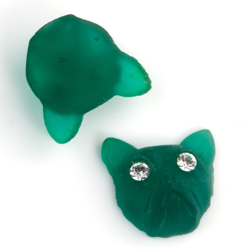 Vintage green translucent frosted glass Bull Dog head cabochon. 12mm. Pkg of 1. 