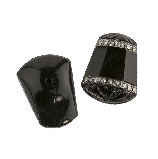 Art Deco, Thimble shaped, black and marcasite cabochons. 22x14mm. Pkg of 2. b5-507