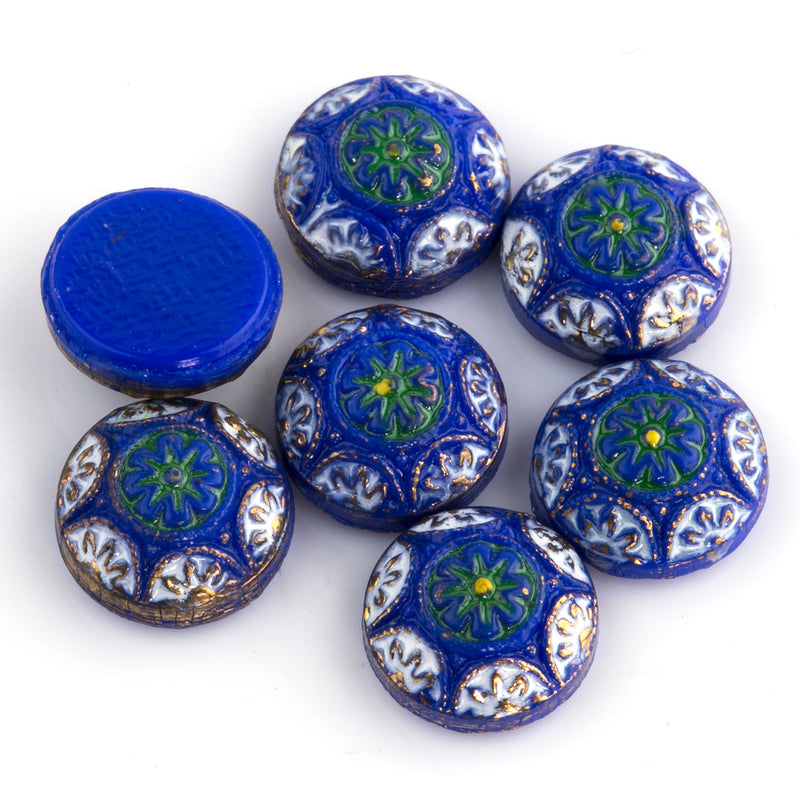 Vintage Czech blue round pressed mosaic flat back stones. 8mm. Pkg of 6. 
