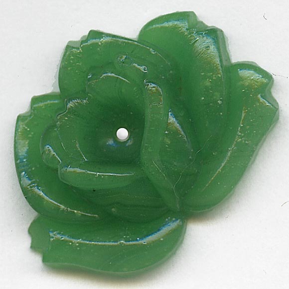 Vintage Japanese Cherry Brand molded glass rose in chrysoprase green, 27x20mm. Pkg of 1. 