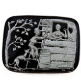 Vintage West Germany Medieval lover's glass intaglio silver foil on black. 28x22mm. Pkg of 1. 