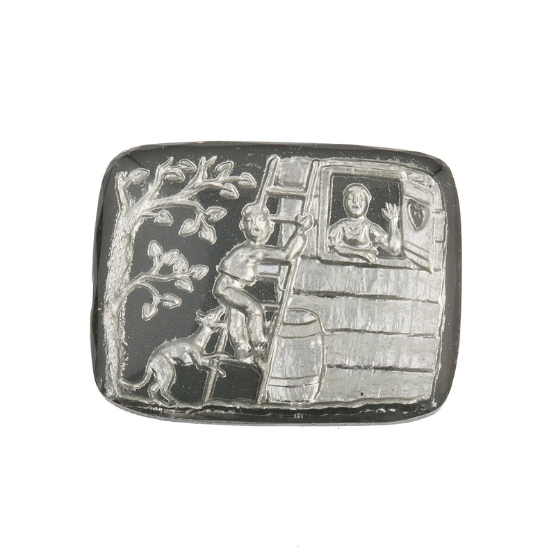 Vintage West Germany Medieval lovers glass intaglio silver foil on charcoal grey. 28x22mm. Pkg of 1. 