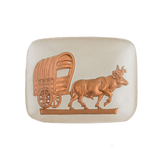 Oxen Pulling Covered Wagon Intaglio Cabochon, glass, gold on white.  Pkg 1. b5-514