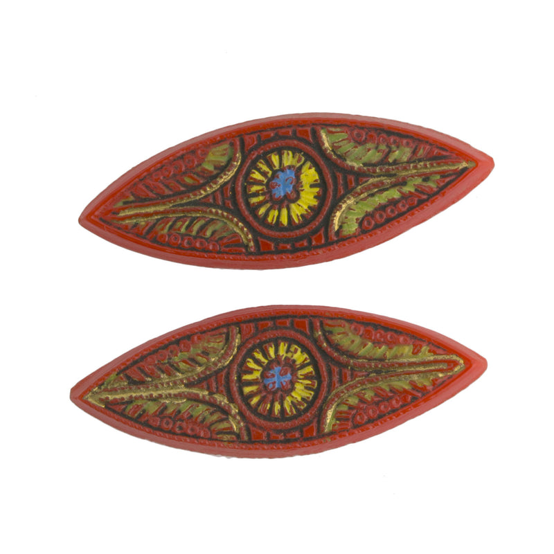 Vintage Czech pressed glass flat oval mosaic cabs. 26x10mm. Pkg of 2. 
