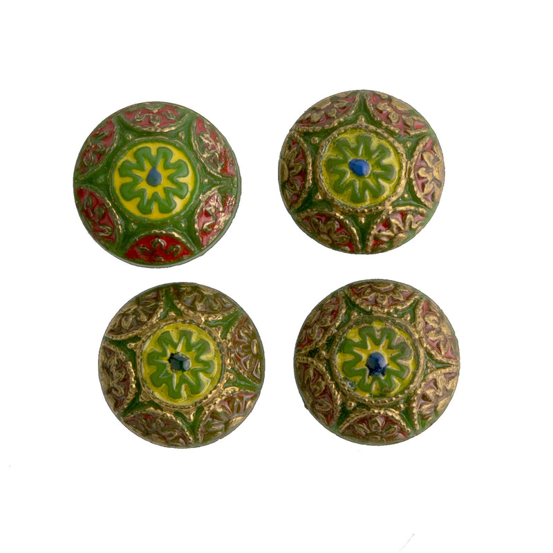 Vintage Czech pressed glass flat round "mosaic" cabochon, 8mm. Pkg of 6.