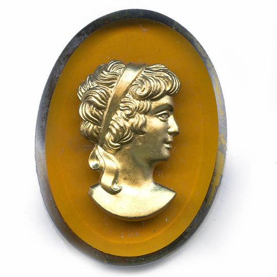 Woman's Profile in Gold on Oval Cabochon, amber glass, gilded edge. 40x30mm. Pkg 1. b5-573
