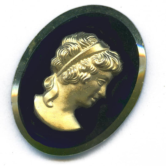 Golden Cameo, beveled black jet glass. 34x26mm. Pkg 1. b5-574