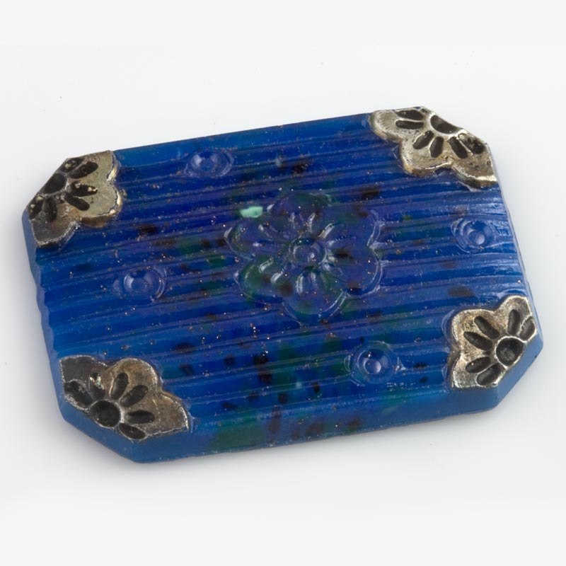 Vintage Bohemian lapis glass flat back rectangle cabochon with decorated corners. 34x25mm. Pkg of 1. 