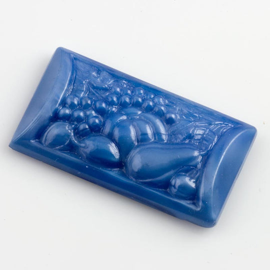 1920s Bohemian blue satin pressed glass cabochon with fruit basket design.  44x58mm. Pkg of 1. b5-629