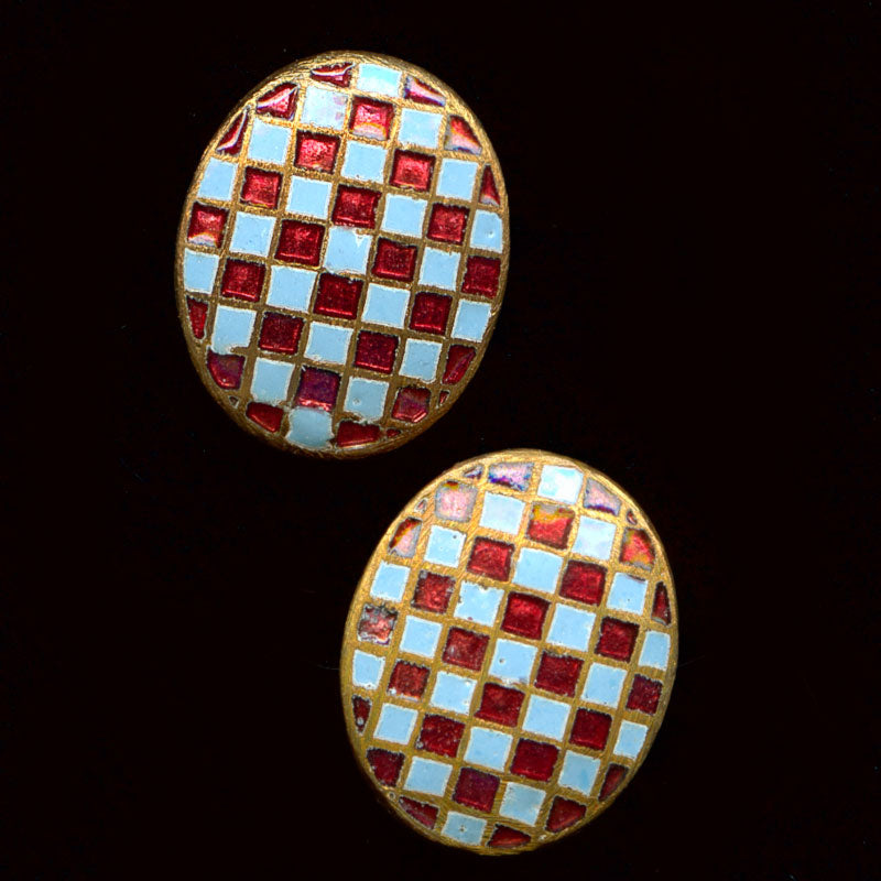 Vintage Japanese checkerboard enameled brass domed cabochons, 12x10mm Pkg of 2.