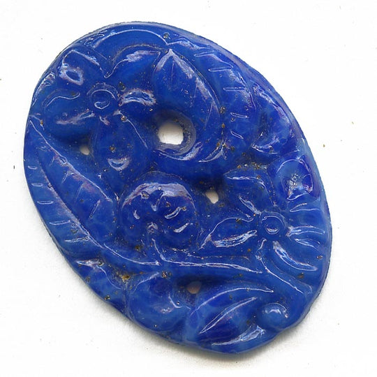 Lapis Glass Floral Cabochon, blue, oval. Bohemian. 30x22mm. Pkg of 1. b5-564